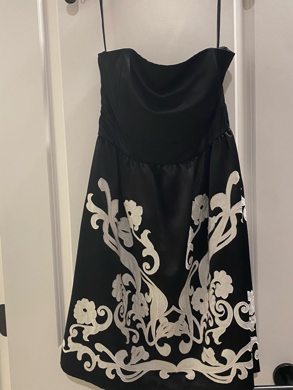 Cache Black Strapless Dress with White Floral Embroidery